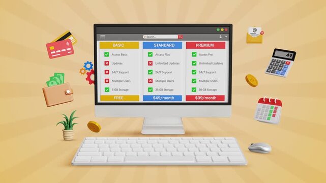Subscription Plans, Recurring Billing, Digital Payments, SaaS Concept. Exclusive Access, Buy Streaming access or Membership Concept. Online Subscription Plans Dashboard on Computer. 4K 3D Video