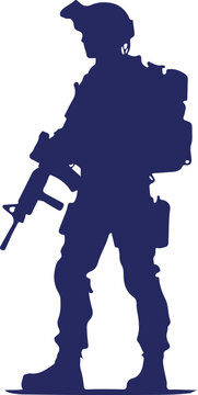 Silhouette of soldier holding rifle and backpack in dark blue monochrome outline