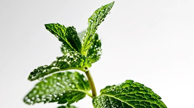 A single sprig of fresh green mint, isolated on a pure white background, clean and crisp details.