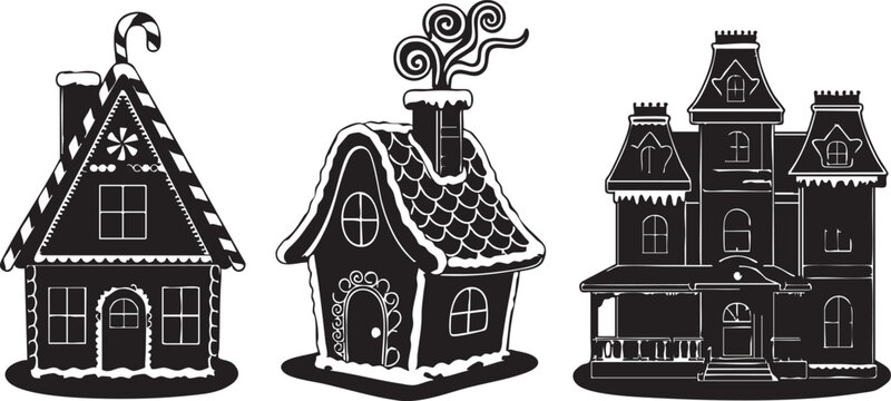 Silhouette gingerbread houses with icing details black and white candy cane