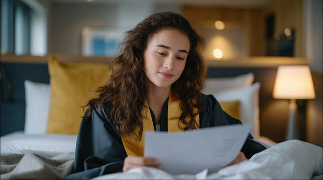 Recent graduate holding framed diploma next to pile of student loan notices on unmade bed in studio apartment showing stark reality of education debt, ideal for student debt forgiveness burden, and 