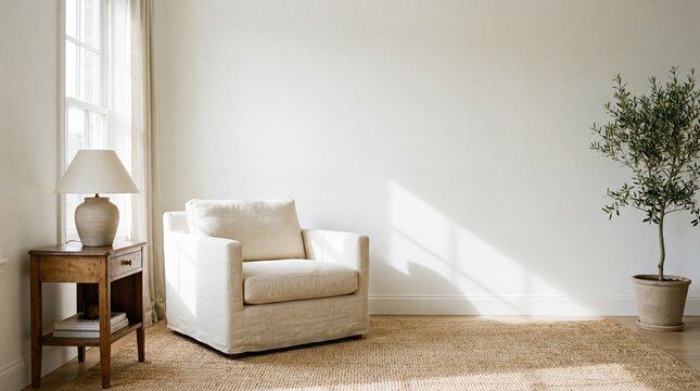 Interior of living room modern style with grey fabric sofa,wooden side table and white ceiling lamp on wooden floor.
