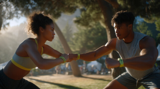 Outdoor fitness group doing partner resistance exercises in misty park at dawn, participants wearing matching challenge tracker bands on wrists, perfect for community wellness, and contemporary moti