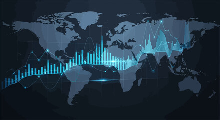 Global financial trading graph with blue bars and lines on a world map background, conveying a sense of international market analysis in a dark setting. © Felisha