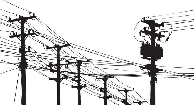 Silhouette of five utility poles with wires and transformer against white background power lines