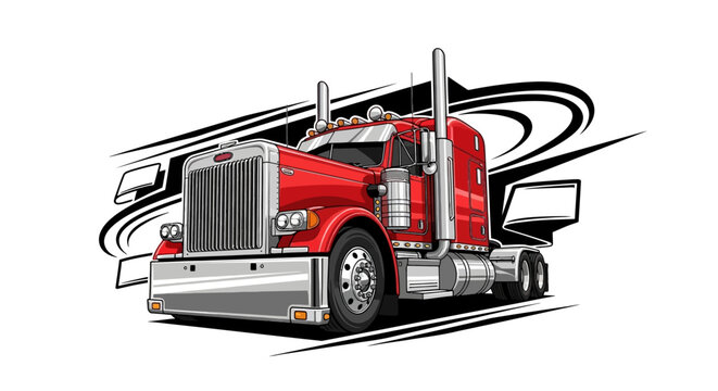 Illustration of a red semi-truck in motion with abstract black motion lines on a white background, depicting transport and movement.