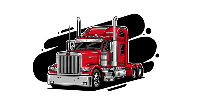 Illustration of a red semi-truck with chrome accents against a black and white abstract background, showcasing a stylized transport vehicle.