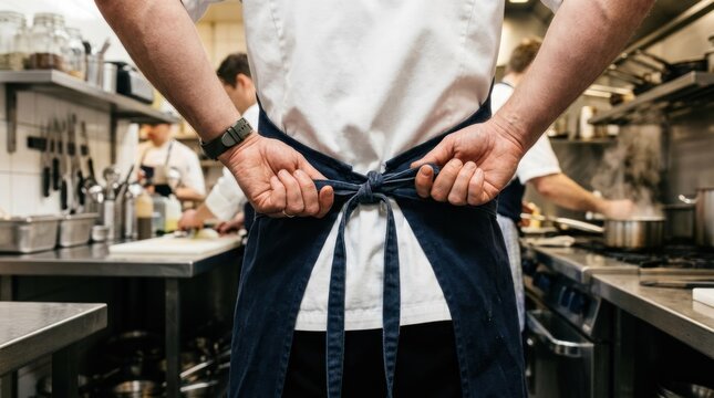 A chef tying an apron in a kitchen.