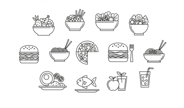 Food meal outline icon collection with salad pizza pasta burger and juice editable stroke
