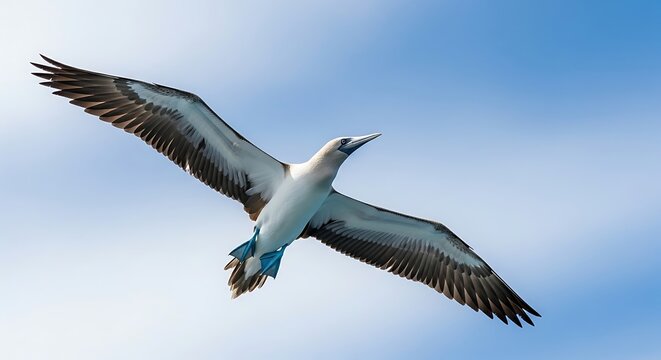 A magnificent blue-footed booby with distinctive blue feet visible in flight against a bright blue sky.