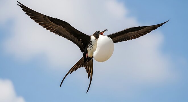 A spectacular male frigatebird displaying its fully inflated red gular pouch during courtship flight.