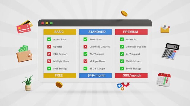User Comparing Pricing Plans. Subscription Tier. SaaS Signup Concept. Membership Upgrade, Plans Comparison, Billing And Best Value Concept. Subscription Plans Dashboard on Web. 4K 3D Video