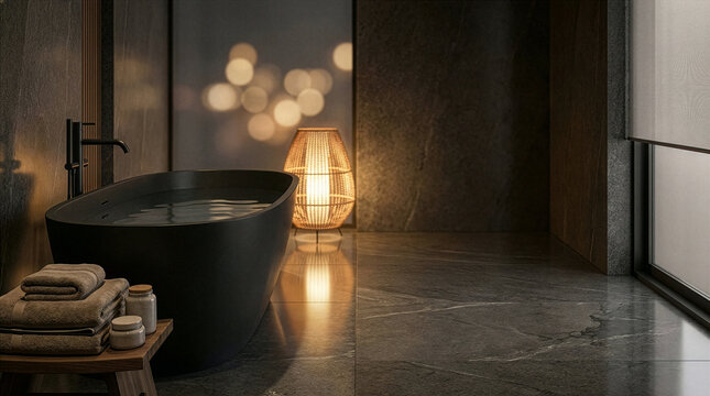 Modern luxury bathroom with freestanding bathtub, warm ambient lighting and minimal decor, spa relaxation concept, cozy evening atmosphere, copy space, wellness and interior design.