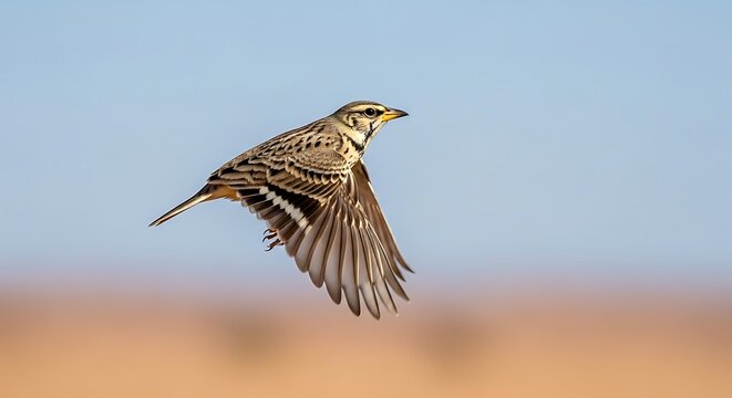 A small streaky-breasted lark bird gracefully flying through the air against a soft, blurred landscape background.