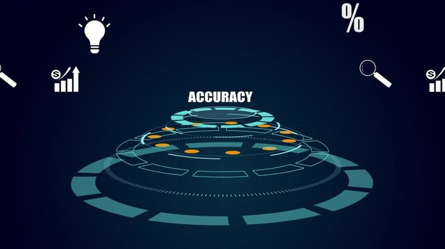 Precision and data accuracy concept, Futuristic HUD interface with glowing nodes, Strategic business analytics with percentage and growth icons.