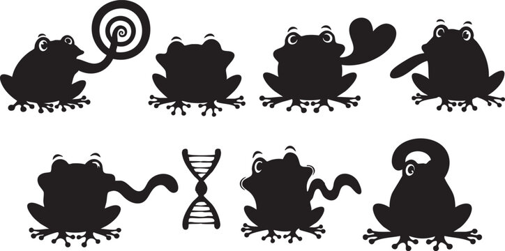Six whimsical cartoon frogs and one D N A double helix silhouette silhouettes black