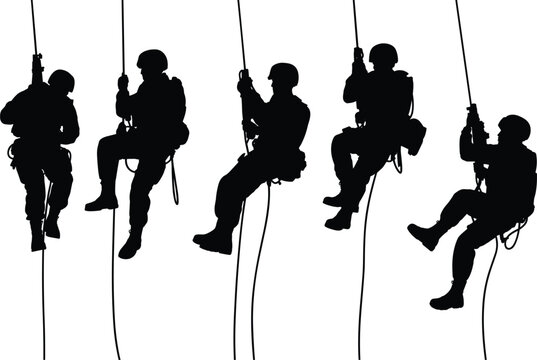 Rope access worker silhouettes set, industrial climbers rappelling with safety gear vector illustration isolated design