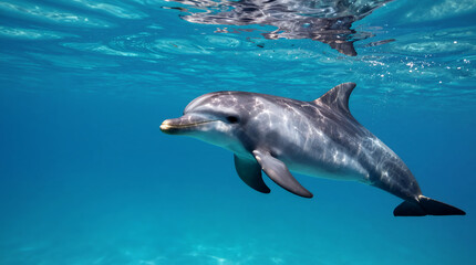 Fototapeta premium Natural Underwater Dolphin Close Up in Clear Turquoise Water Animal