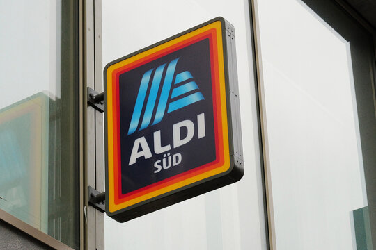 Stuttgart, Baden-W&uuml;rttemberg, Germany - July 3, 2025: ALDI S&uuml;d sign in Stuttgart, Germany  -  ALDI is the common brand of two leading global supermarket chains