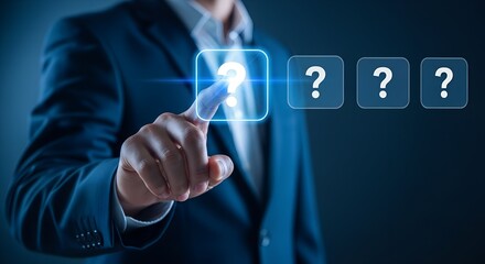Obraz premium A businessman's finger is poised to press a glowing blue square button displaying a question mark, surrounded by other unanswered question marks, symbolizing choice, inquiry, or problem-solving.