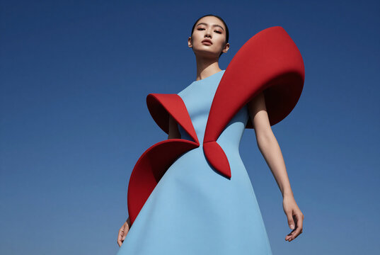 Surreal Blue Dress with Sculptural Red Elements