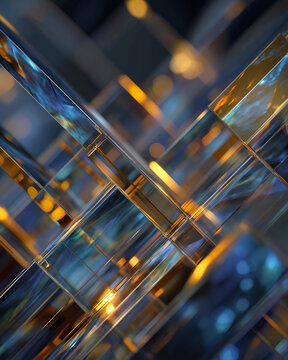 Geometric Abstraction: A captivating interplay of light and form dances across intersecting planes of polished glass, creating a mesmerizing abstract composition with a sense of depth and dimension.