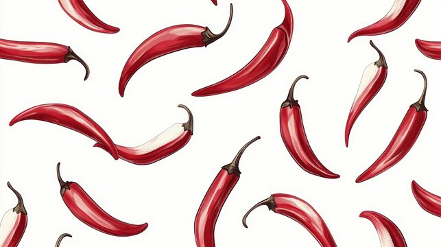 Red chili peppers scattered on white background; food pattern
