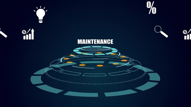 Futuristic HUD interface with tiered circular data nodes, glowing "MAINTENANCE" text, conceptual business icons for analysis, growth, and ideas.