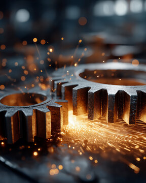 Mechanical Harmony: Close-up of meshing gears, captured with precision, emitting sparks of innovation and symbolizing the seamless integration of technology. 