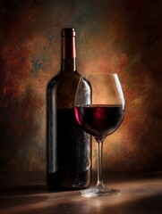 Fototapeta premium Red Wine in a Glass Next to a Wine Bottle on a Table With a Warm Background