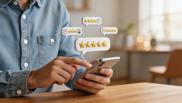 Man holding smartphone with five star rating bubbles floating above screen customer review feedback concept positive user experience mobile app rating social proof digital
