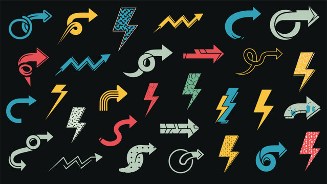 Extensive collection of vibrant patterned arrows and lightning bolts are displayed on a solid black background for impact.