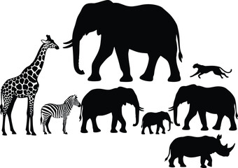 Black silhouette vector illustration set of wild animals including elephant giraffe bear and other wildlife icons © Sabedul Creator