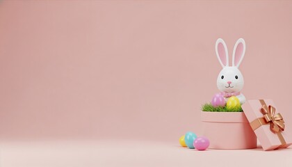 Fototapeta premium Cute 3d easter bunny, rabbit sits in pink gift box with eggs on soft pink backdrop, celebrating spring. With room for text - copy space