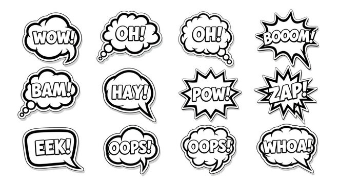 Vibrant comic speech bubbles with exclamations like WOW, OH, BOOM, BAM, POW, ZAP, EEK, OOPS, WHOA, depicting strong reactions and dialogue on isolated white background.