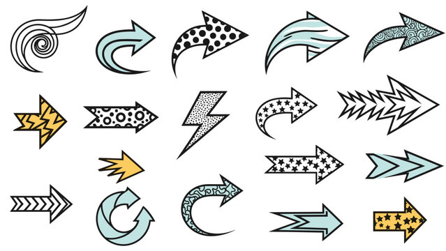 Collection of creative decorative arrows and lightning bolt symbols in various styles and patterns for modern graphic design usage.