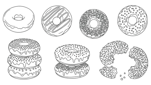 Diverse collection of donut line art illustrations including stacked donuts bitten donuts and various frosting styles on white background.