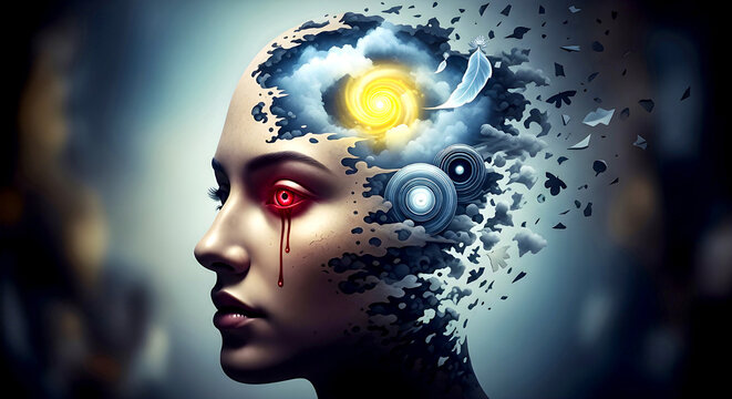 Surreal Fragmented Woman with Glowing Red Eye