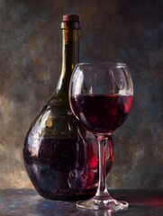 Fototapeta premium Bottle of Wine and Glass of Red Wine on a Table With a Blurred Background