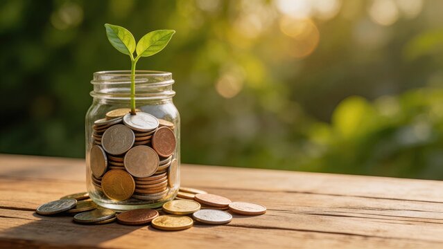 A vibrant green plant sprouting from a jar filled with coins symbolizing financial growth investment and the concept of saving money for future prosperity