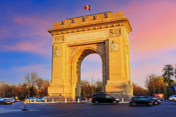 Bucharest, Romania. Arcul de Triumf ( Triumphal Arch ) at sunset.