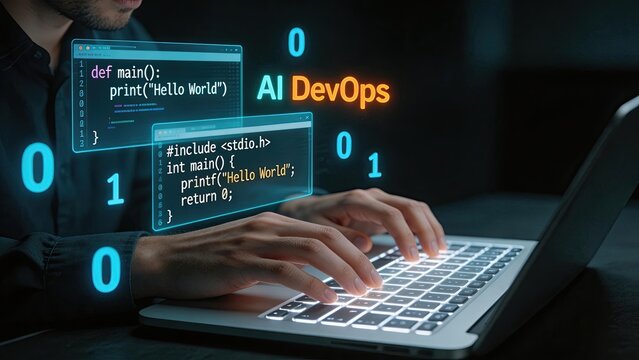 AI DevOps concept with programmer coding on laptop displaying Python and C code snippets surrounded by floating binary numbers and holographic interface modern technology