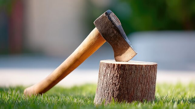 Small tree stump with axe stuck in it on green grass in spring garden showcasing detail and focus in a stock photo contest entry