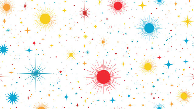 Bright and colorful seamless pattern of stylized suns and stars of various sizes scattered across a clean white background.