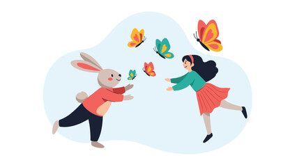 Naklejka premium Whimsical illustration of a young girl and a cute bunny rabbit playing with colorful butterflies in an open blue space.