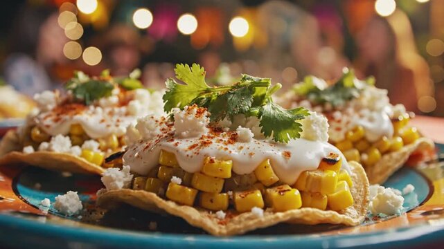 Mexican street corn tostadas with cheese, crema, and cilantro at night