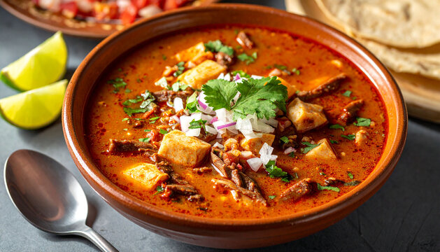 Mexican Menudo Soup on Wooden Background 