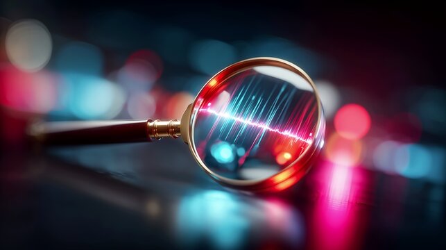 Magnifying glass inspecting glowing digital signal waveform