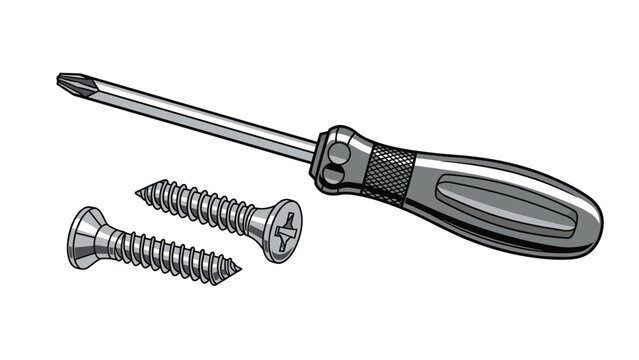 Professional screwdriver with metal shaft and ergonomic handle placed next to two cross-head screws for construction work.