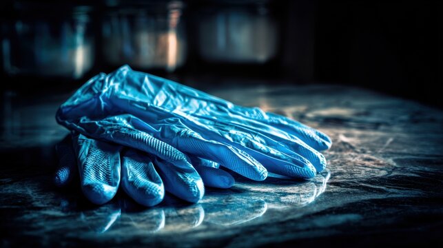 Textured Blue Nitrile Examination Gloves Neatly Stacked on a Reflective Surface